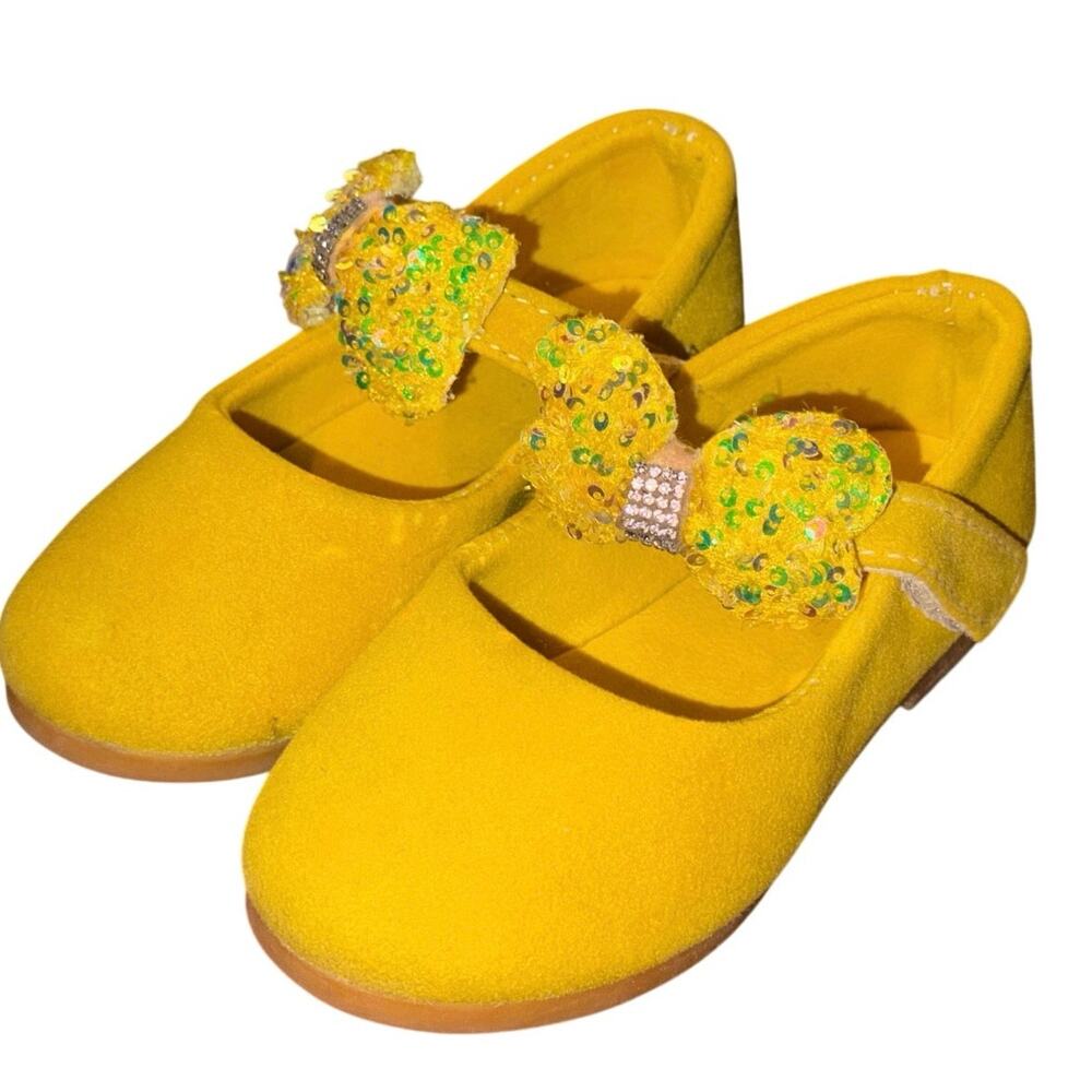 Neon Yellow Toddler Mary Jane Shoes Sequin Bow Girls Size 9C EU 26 Flats